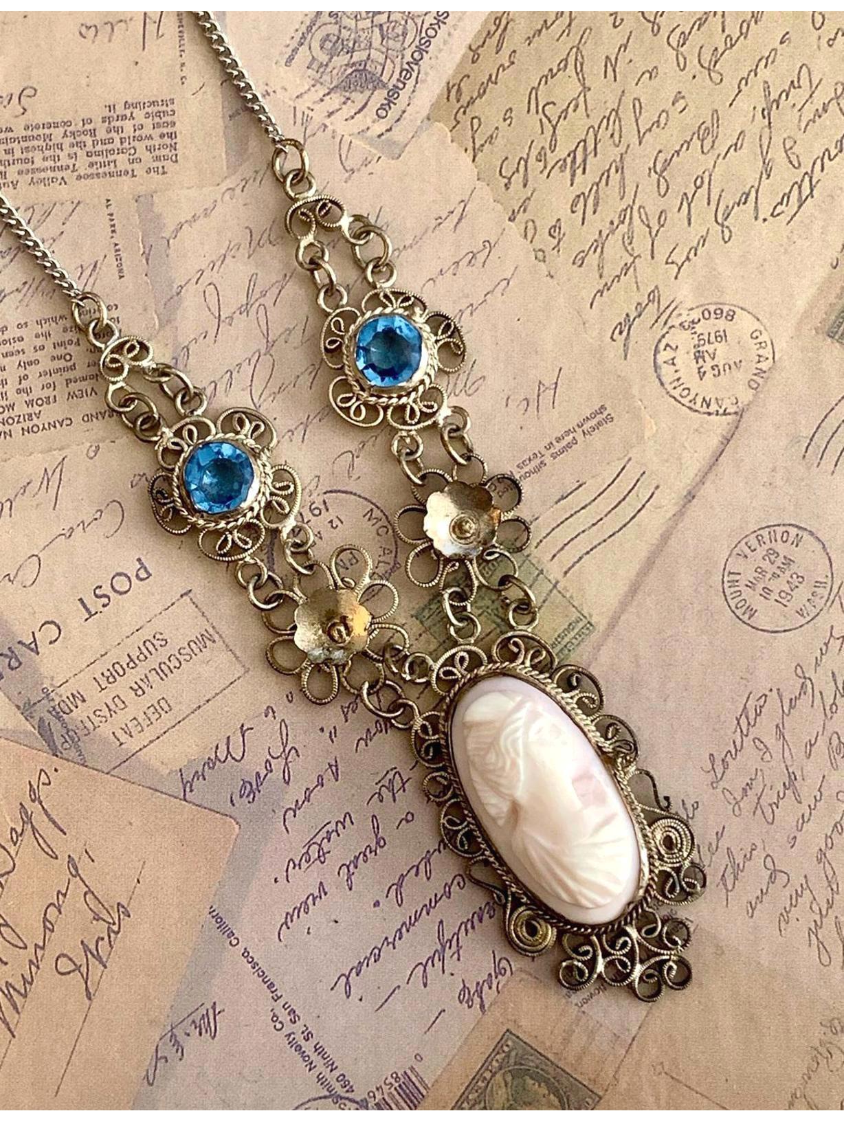 Vintage Sterling Silver Italian Filigree Cameo Necklace Genuine Marked Silver